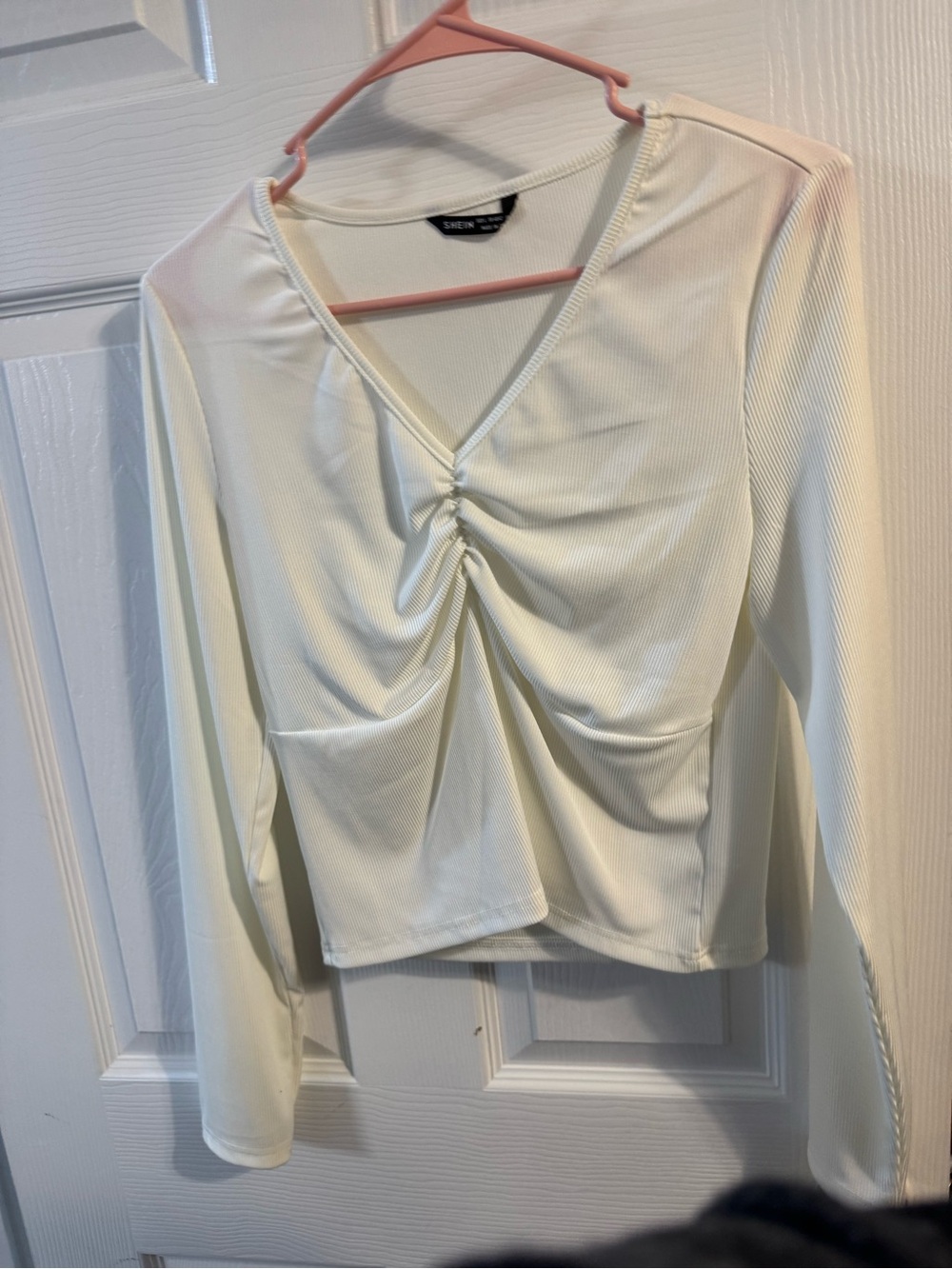 SHEIN Cream Ruched V-Neck Long Sleeve Top